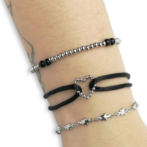 Pulsera Cordón Raso Negro y Corazón de Acero Emna