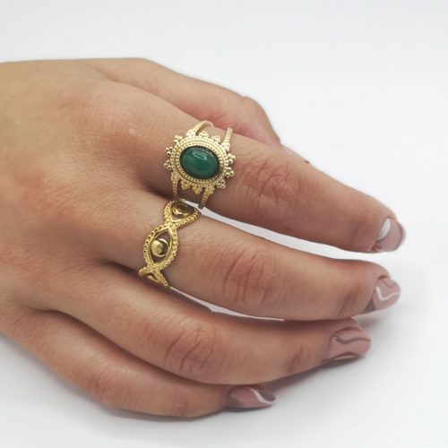Anillo Ajustable en Acero Dorado Xareni Sol y Ágata Verde