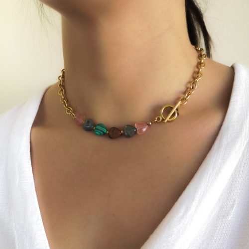 Collar Acero Dorado Kimberly Corazones Piedras Naturales
