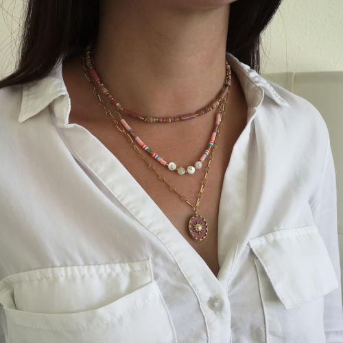 Collar Gala Piedras Naturales Rodonita y de Acero Dorado