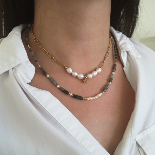 Collar Daila Acero Dorado Piedras Naturales Ágata Musgo