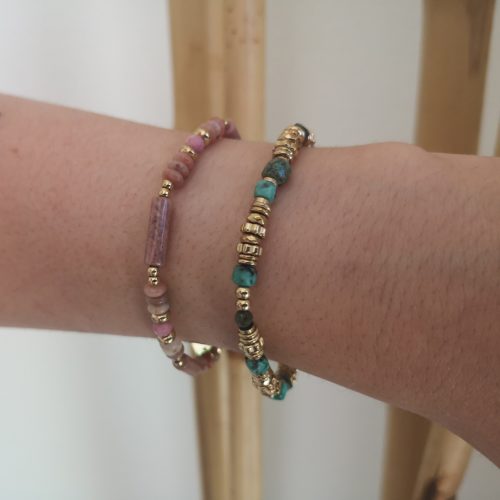 Pulsera Gala con Piedras Naturales Rodonita y Acero Dorado