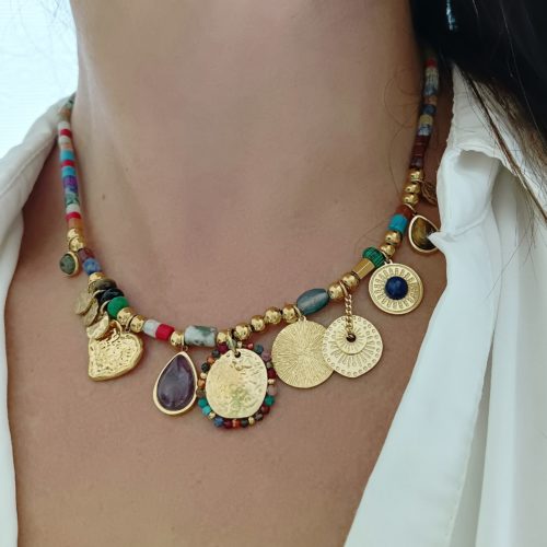 Collar de Acero Dorado y Piedras Naturales Mix Coraima