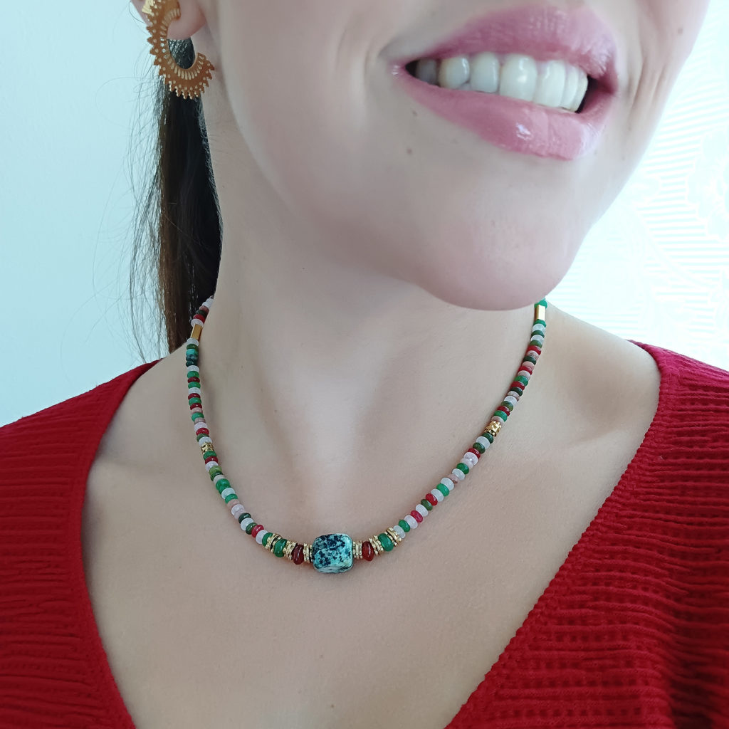 Collar Mujer Leslie de Acero Dorado y Piedras Multicolor