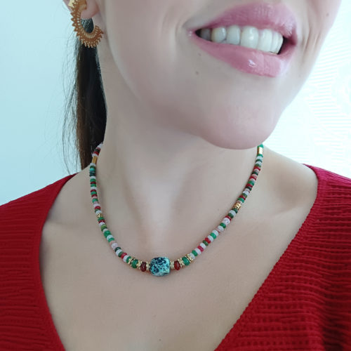 Collar Mujer Leslie de Acero Dorado y Piedras Multicolor
