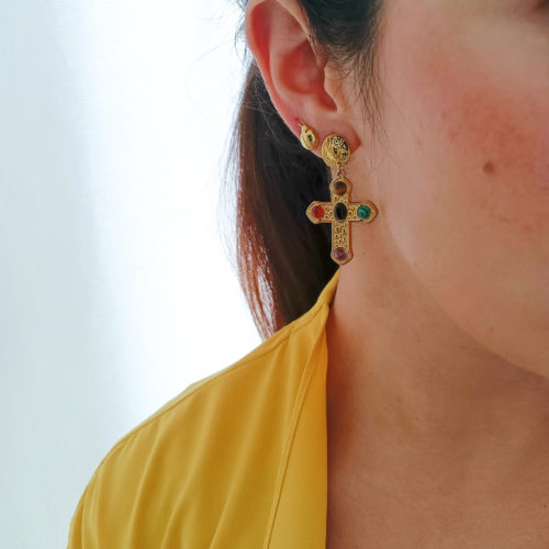 Pendientes Carla de Acero Dorado Cruz con Piedra Natural
