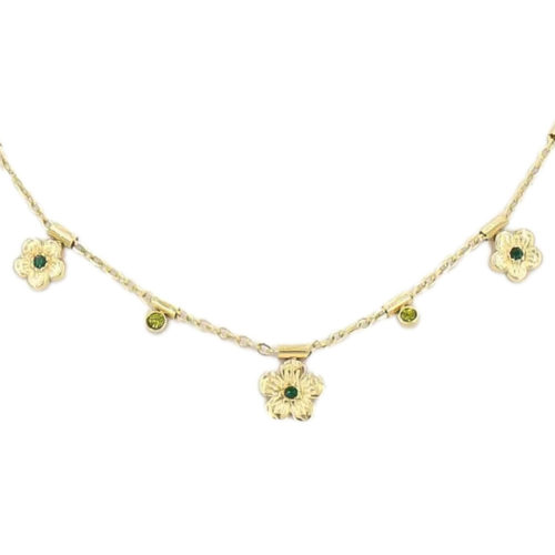 Collar Acero Quirúrgico Fiby Flores Cristales Verdes