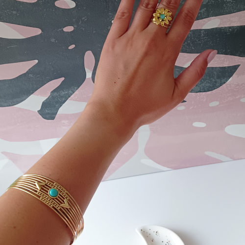 Pulsera Brazalete Ajustable Dakota Acero Dorado Piedra Azul